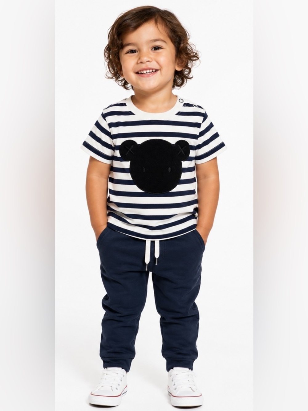 Huxbaby unisex Short Sleeve Stripe Tee with Teddy Bear Patch